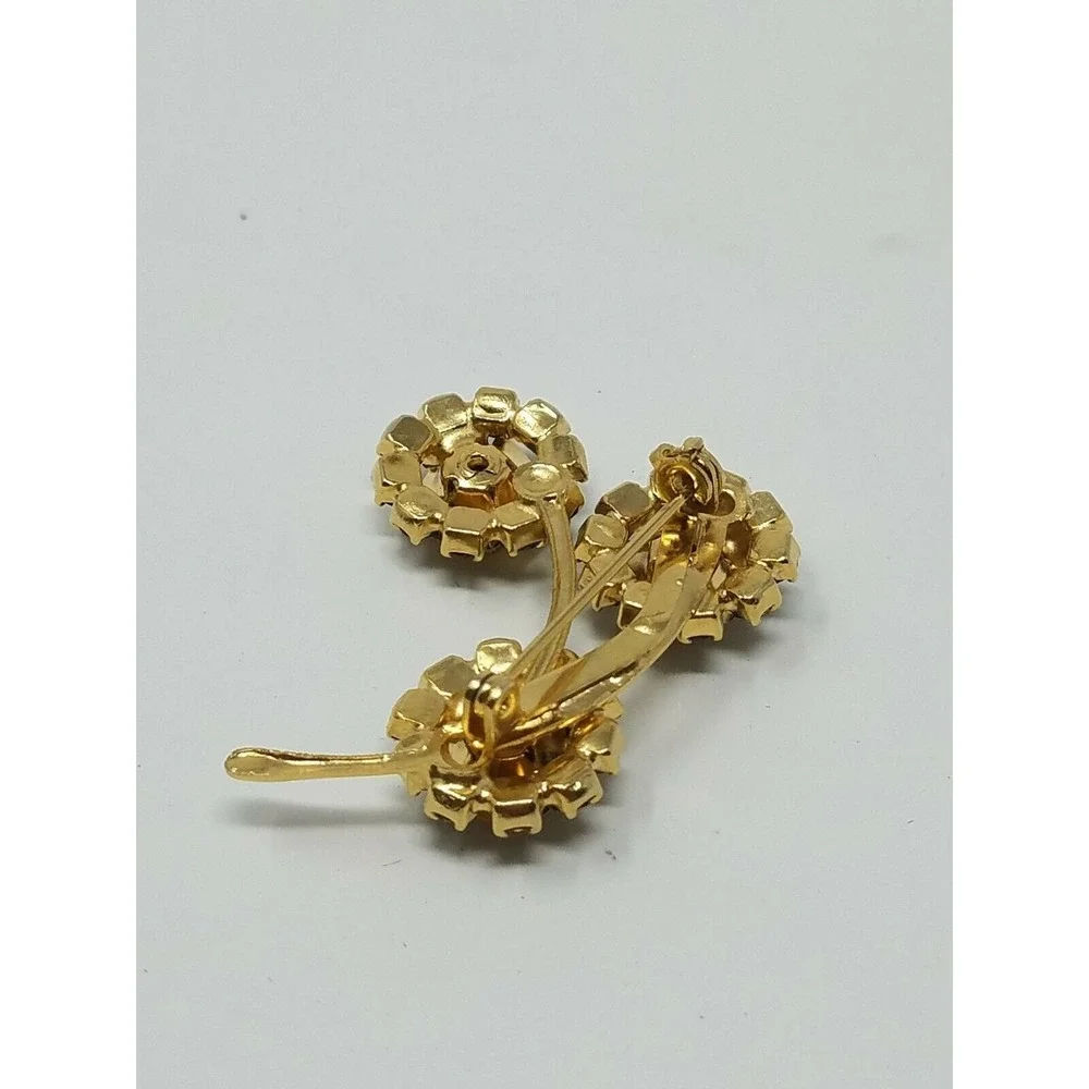 Vtg flower‎ bouquet brooch pin gold tone green rhinestone beads florentine boho